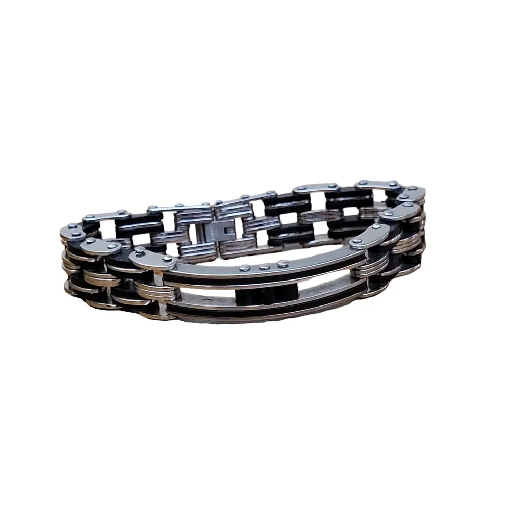 Men's Silver Stainless Steel Motorcycle Bike‎ Chain Link Bracelet Black Accents